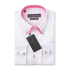 Mens Italian Design White with Pink Collar Shirt Smart Casual Double Collar Long-sleeve