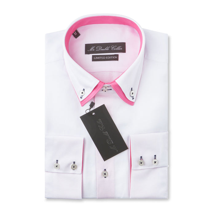 Mens Italian Design White with Pink Collar Shirt Smart Casual Double Collar Long-sleeve