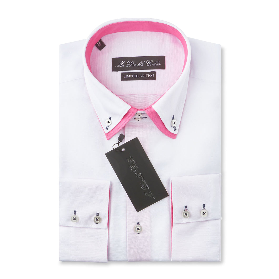 Mens Italian Design White with Pink Collar Shirt Smart Casual Double Collar Long-sleeve