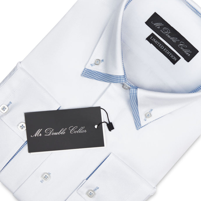 Mens Italian Design White with Blue Checks Shirt Smart Casual Double Collar Long sleeve