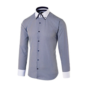 Mens Italian Navy Blue Pinstripe Smart Casual Double Collar Longsleeve