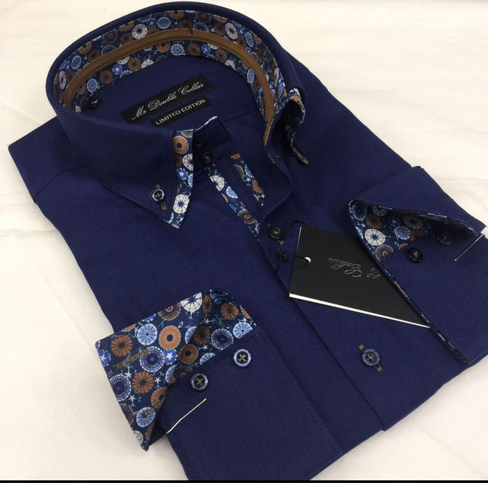 Mens Italian Design Dark Navy Oxford Feel Shirt Smart Casual Double Collar Longsleeve