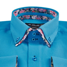 Mens Italian Summer Blue Floral Shirt Smart Casual Double Collar Longsleeve