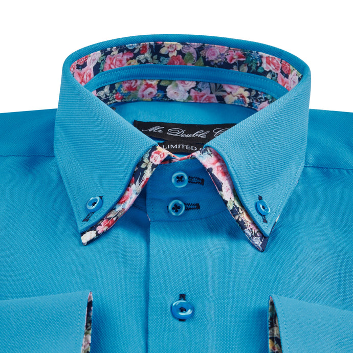 Mens Italian Summer Blue Floral Shirt Smart Casual Double Collar Longsleeve