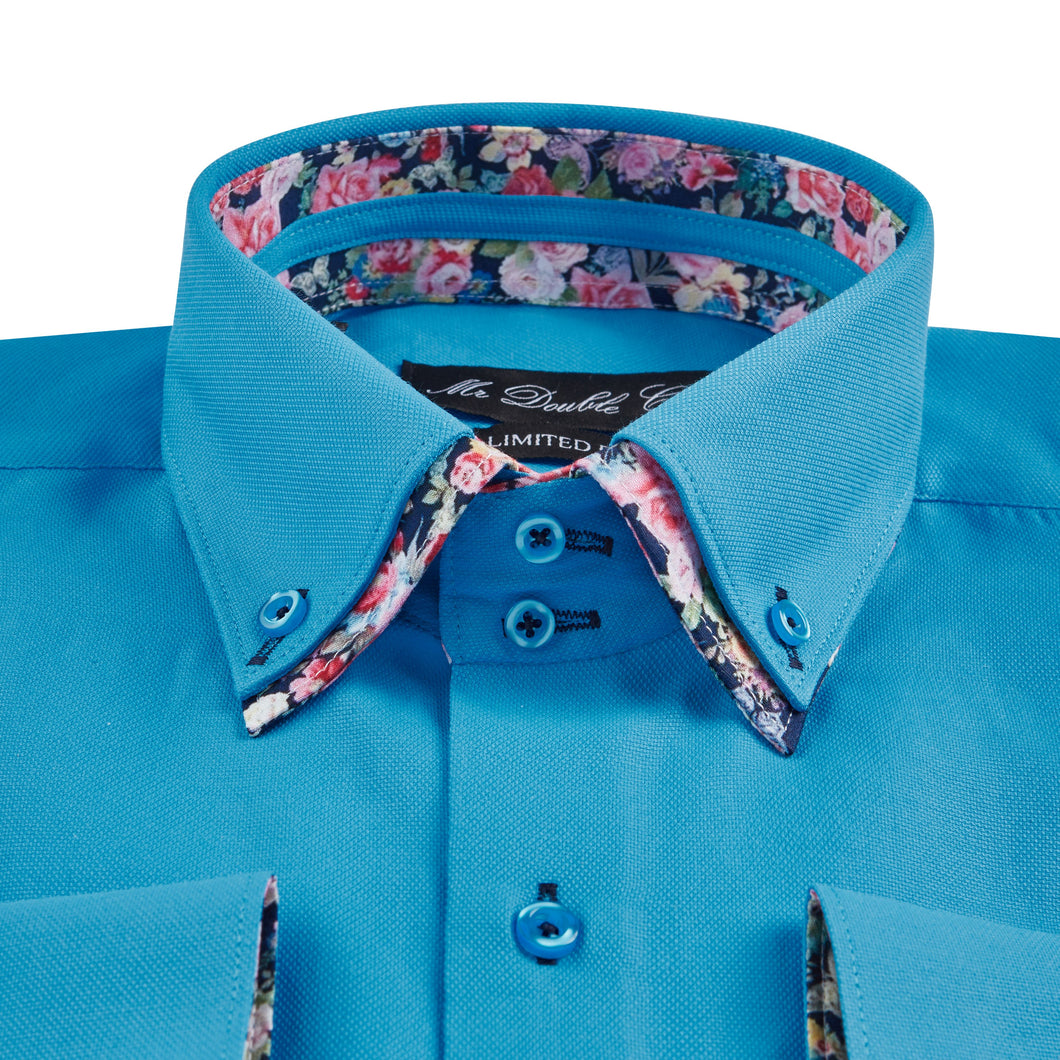 Mens Italian Summer Blue Floral Shirt Smart Casual Double Collar Longsleeve